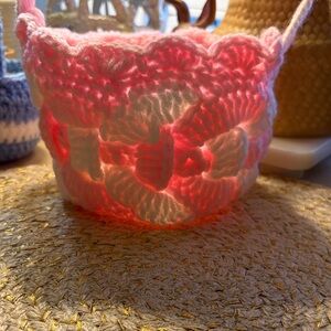 Handmade Pink Crochet Fiber Art Basket